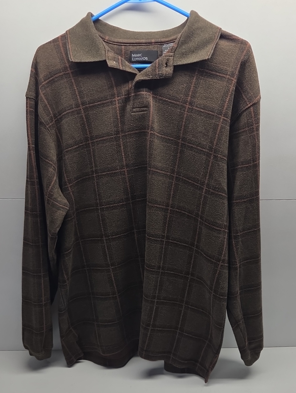 Marc Edwards Men's Brown Plaid Crewneck Long Sleeve Polo
